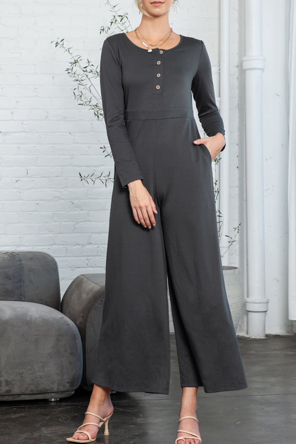 Trinity Button Long Sleeve Wide Leg Jumpsuit for Women - Love Salve